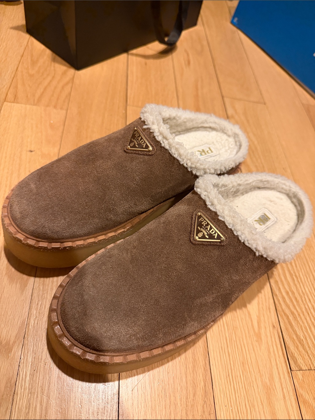 Prada Brown Suede Shearling-Lined Slip-On Clogs